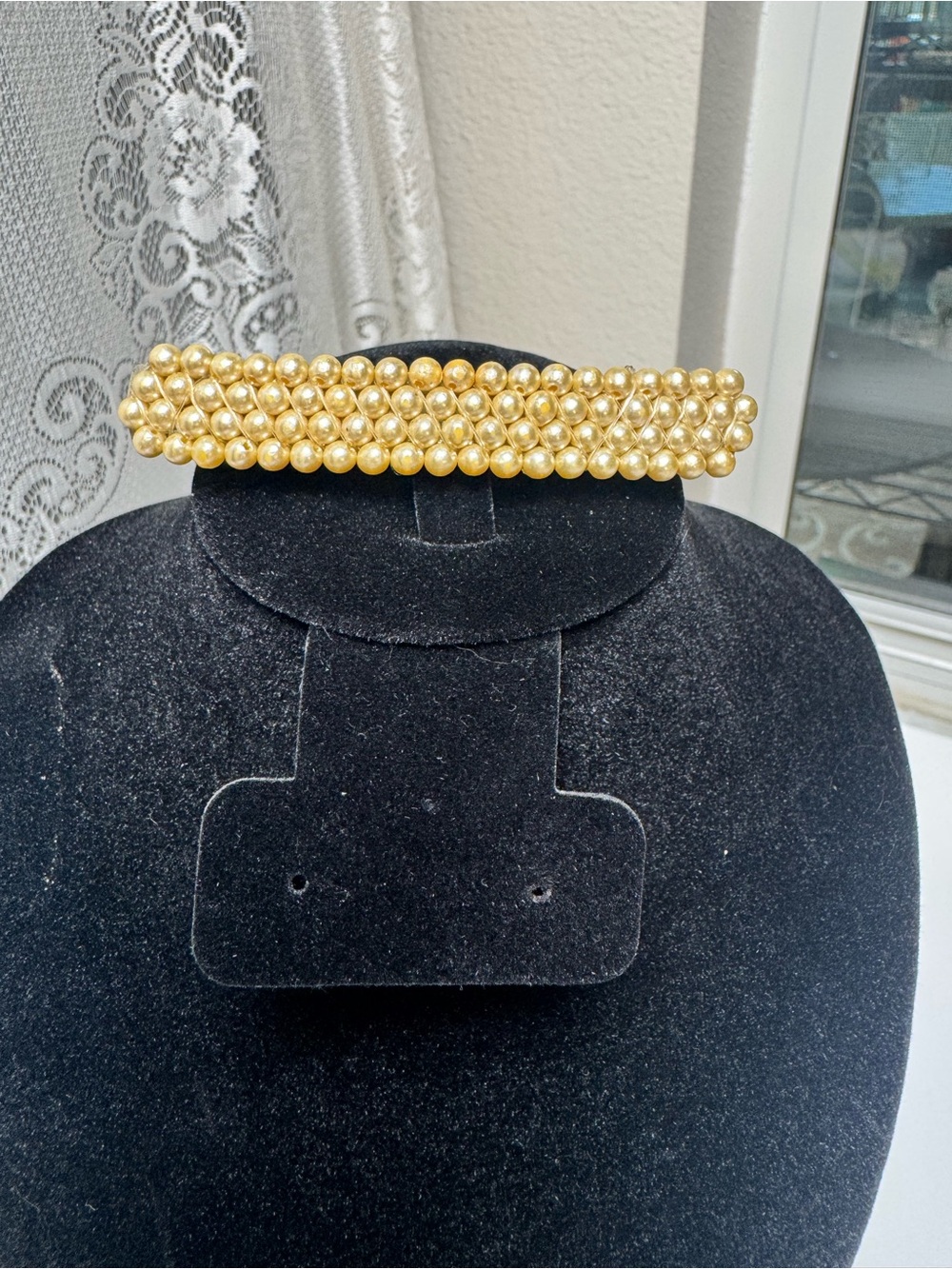 Vintage 1980s Woven Faux Pearl French Barrette Hair Clip Champagne Gold Beads